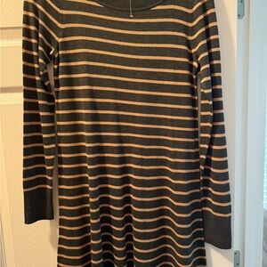 LOFT Black and Tan Striped Long Sleeve Dress